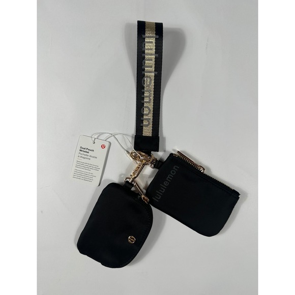 Lululemon Dual Pouch Wristlet Black Gold Logo Zip Wallets New with Tags